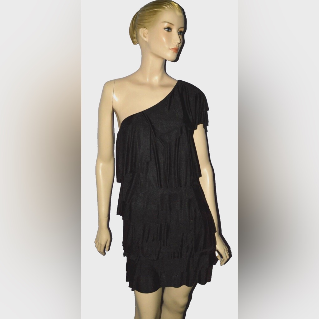 Bcbgmaxazria $398 Size S Small Black Tiered Ruffle Satin One Shoulder Mini Dress